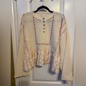 POL Cream Waffle Knit Henley with Floral Ruffle Detail